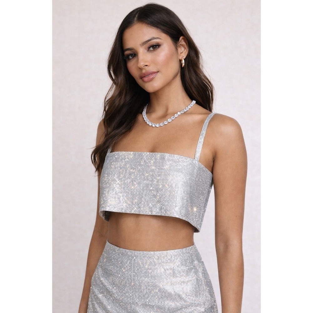 White Fox Rhinestone Crop Top XS/S Silver Sparkly Festival Glam Party Bandeau